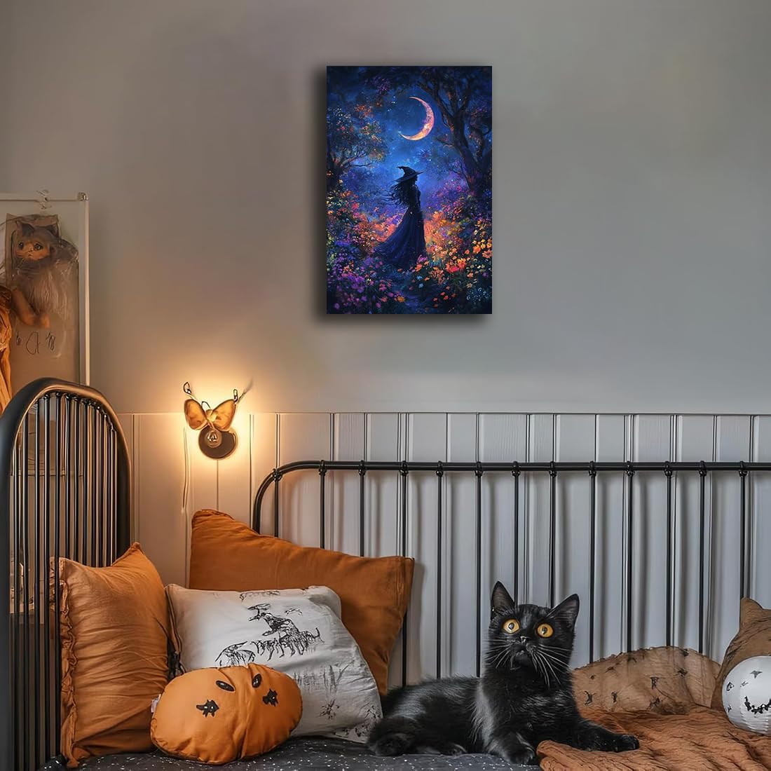 Vintage Halloween Witch Decor Mystic Gothic Wall Art Poster,Enchanting Witch Fall Whimsical Wildflowers Woodland Forest Crescent Moon Picture Art,Creepy Witchy Home Decor,8"x12" Framed