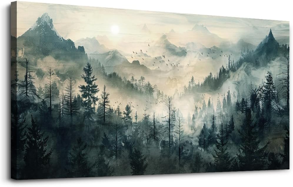 KELIYUAN Misty Forest Wall Art Home Decor Mountain View Large Canvas Wall Painting Nature Landscape Painting For Living Room Bedroom Office Modern Printed Artwork Can Be Hung Directly 24x48 Inches