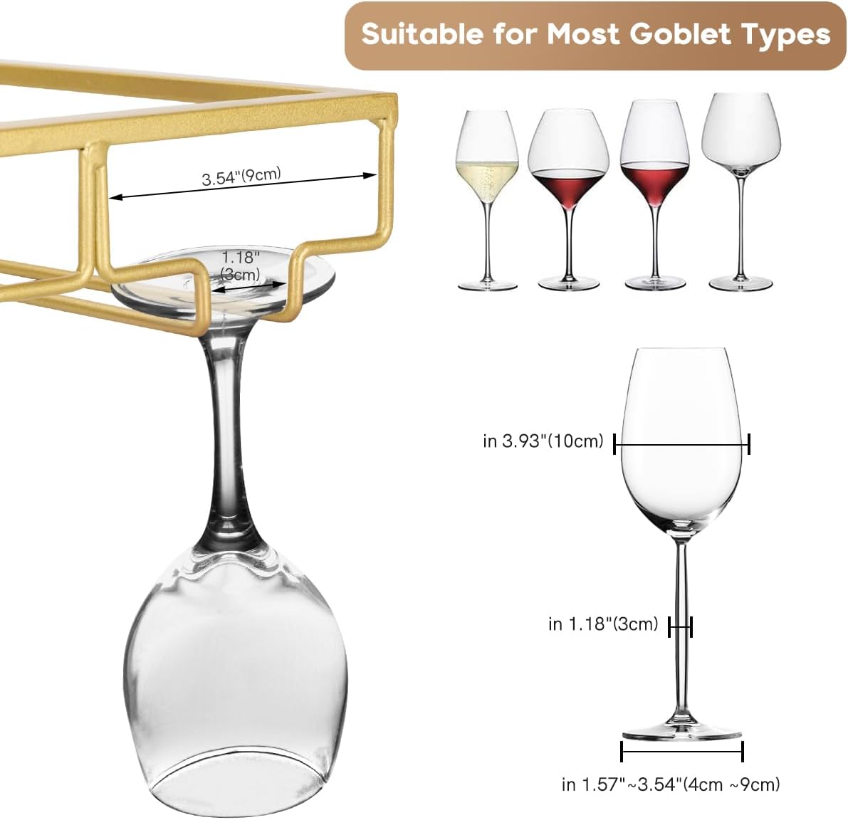 Xverycan Wine Glass Rack Under Cabinet, 6 Row Extreme Large Stemware Hanger, Metal Wine Goblet Holder, DIY Bar Glass Storage Rack for Bar Counter, Kitchen, Screws Included (Gold)