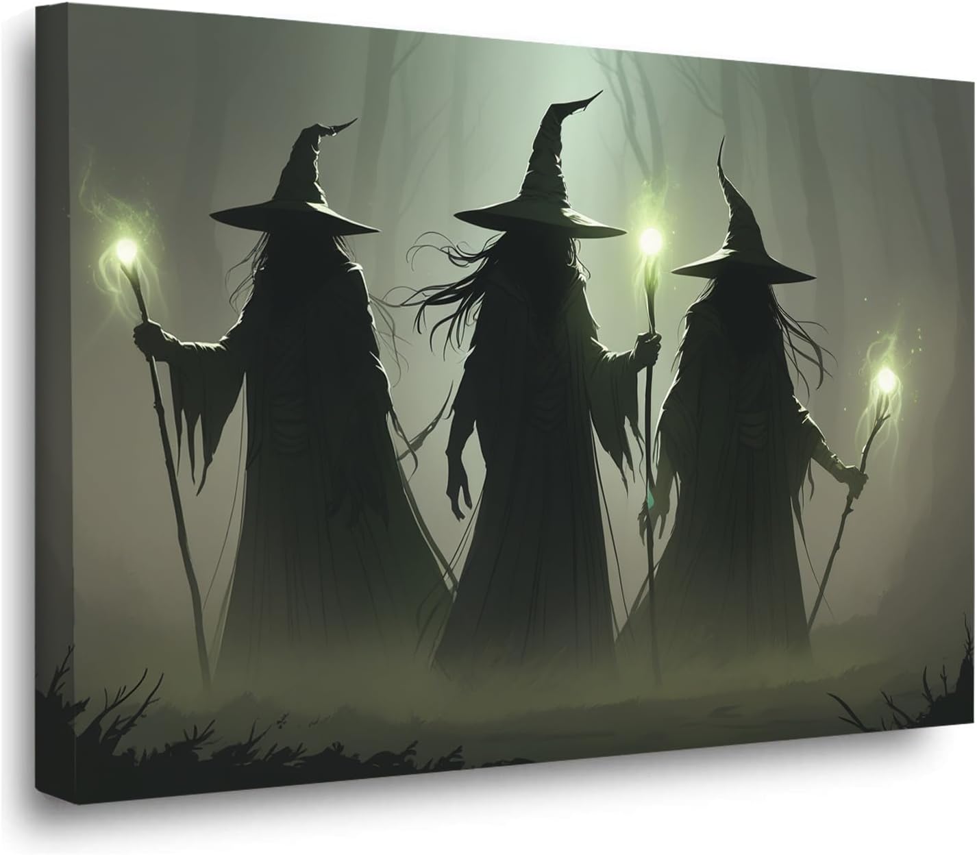 Vintage 3 witches canvas wall decor melancholy dark Halloween poster wall decor holding a staff print Gothic horror Halloween painting print for living room bedroom28x40in Wood Framed