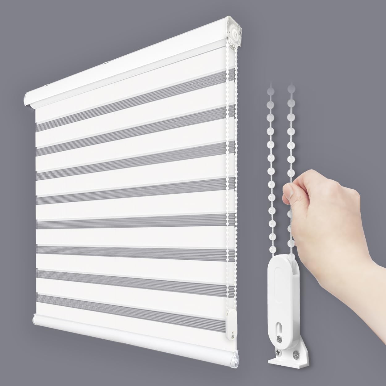 Foiresoft Standard Zebra Roller Blinds for Windows [W47 x H64 Inch, White, Basic], Light Filtering Dual Layer Shades for Bedroom, Living Room, Office, 13 Colors