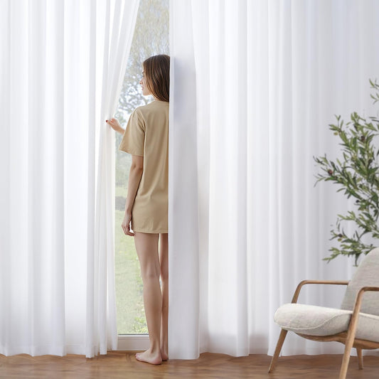 MIULEE White Privacy Sheer Curtains That Let Light in 90 Inches Long Non-See-Through Semi Sheer Curtains Light Filtering Window Curtain Drapes for Living Room Bedroom 2 Panels Set 42 X 90