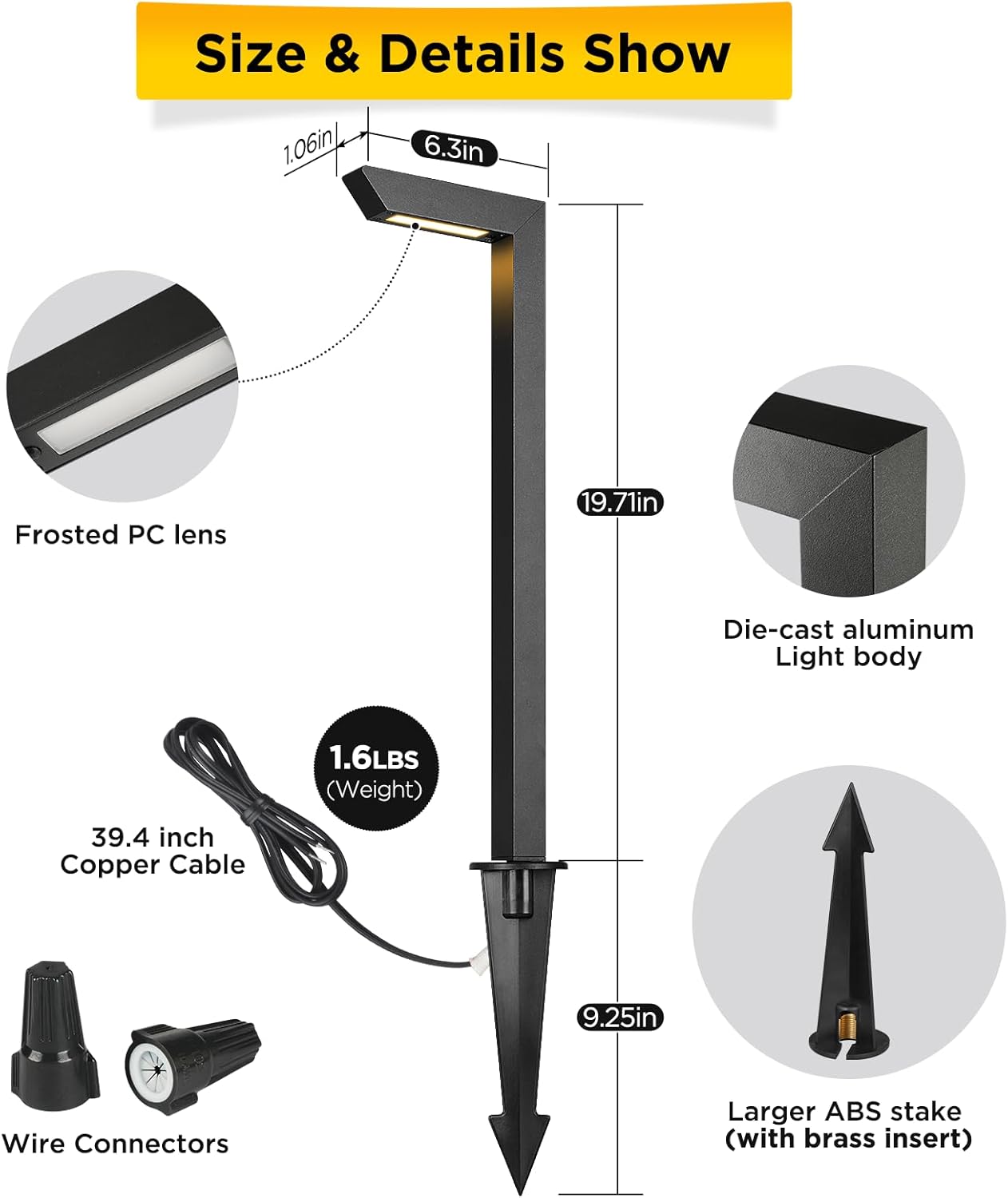 Gardencoin 3CCT LED Low Voltage Landscape Pathway Light, 12V Premium 3000K/4000K/5000K Selectable Path Lights Wired, Modern Walkway Lights Outdoor, Higher Housing with Larger Stake (19.71IN, 12pack)