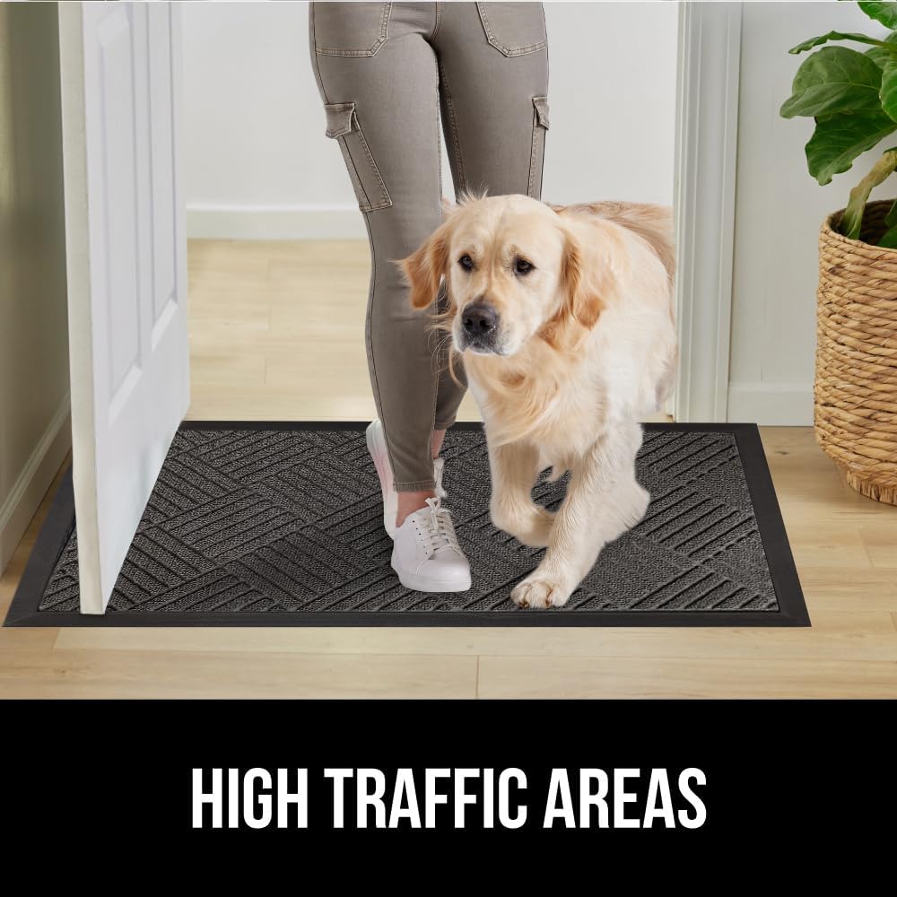 GORILLA GRIP 100% Waterproof All-Season WeatherMax Doormat, 34x58, US Designed Natural Rubber, Stain and Fade Resistant, Low Profile Indoor Outdoor Door Mats, Easy Clean Patio Mat, Gray Diamond