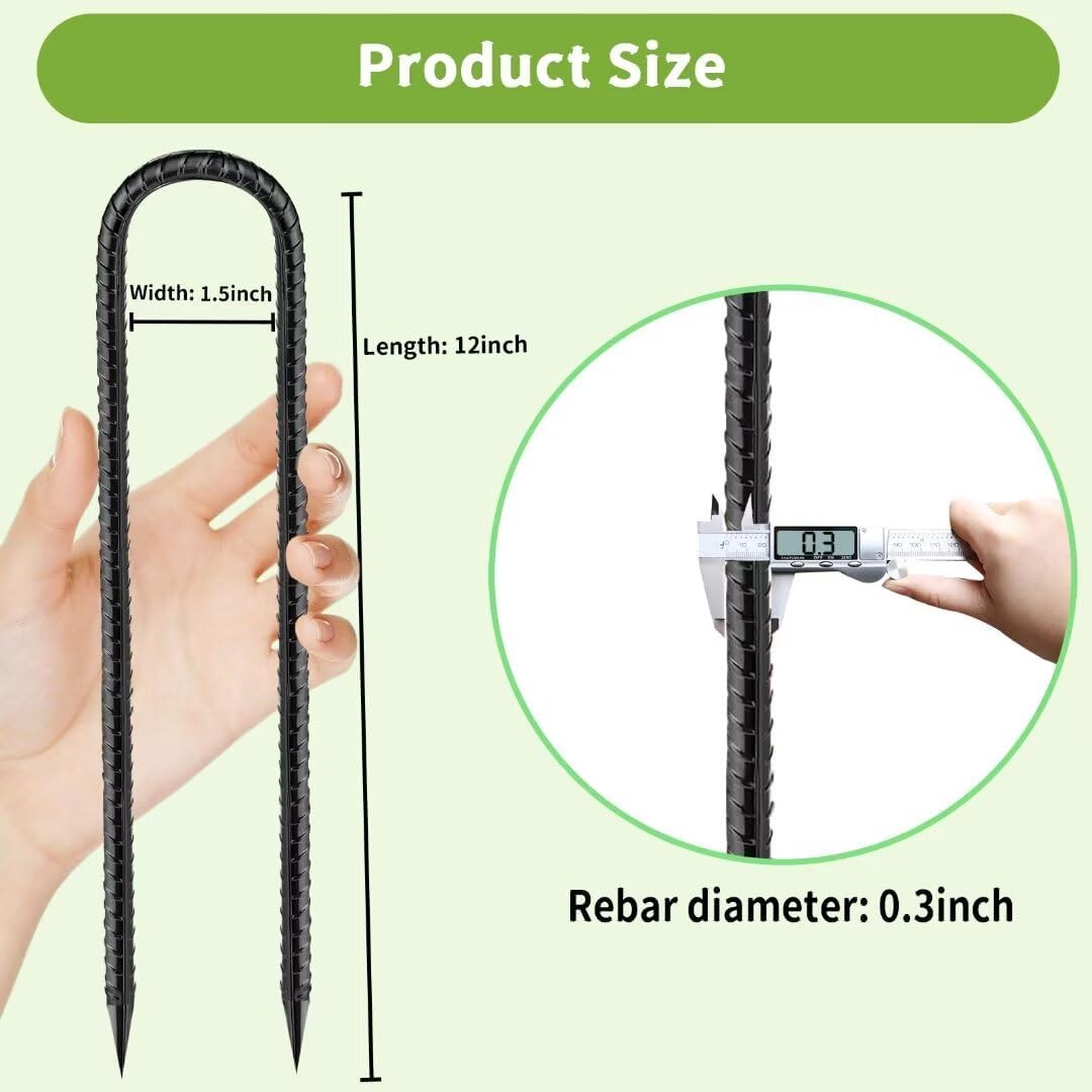 Rebar-Stakes-12-Inch, Ground Stakes Heavy Duty U-Hook Black Coated Anti-Rust Heavy Duty Ground Anchors for Garden Dog Fence Chicken Coop Christmas Decorations Deer Fence 4pcs