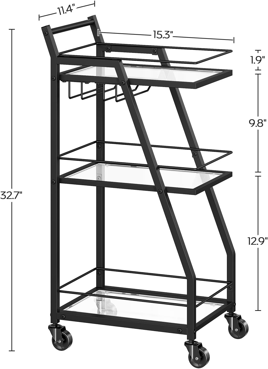 Bar Cart, 3-Tier Bar Cart for The Home, Home Bar Serving Cart with Glass Holders, Beverage Cart for Kitchen, Dining, Party Room, Black BC03BK