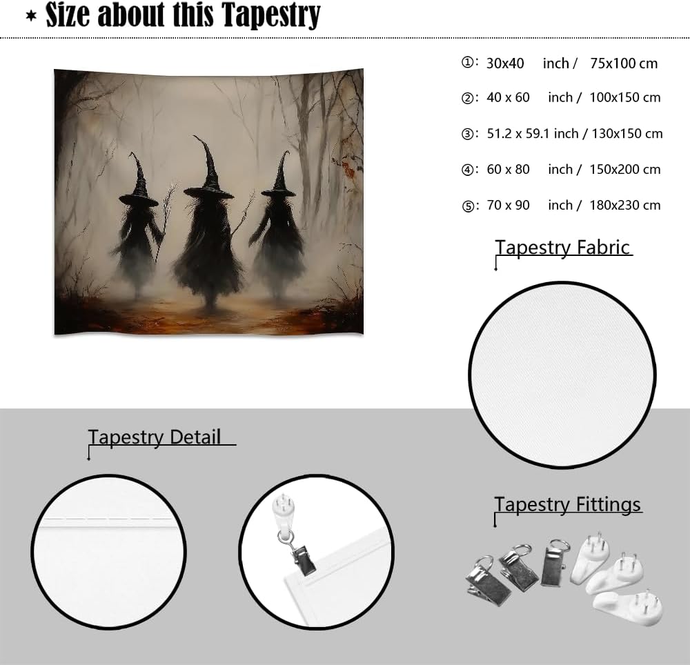 Witchy Halloween Tapestry Wall Hanging Vintage Spooky Witch Room Print Dark Academia Autumn Forest Three Witches Tapestries Decor for Halloween Living Room Bedroom Decoration 30x40inch