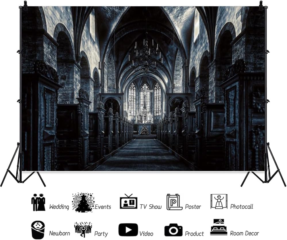 ChloropLastid 15x10ft Scary Church Halloween Backdrop Dark Black Horror Gothic Medieval Castle Interior Photography Background Halloween Night Carnival Theme Party Decor Banner Photo Studio Props