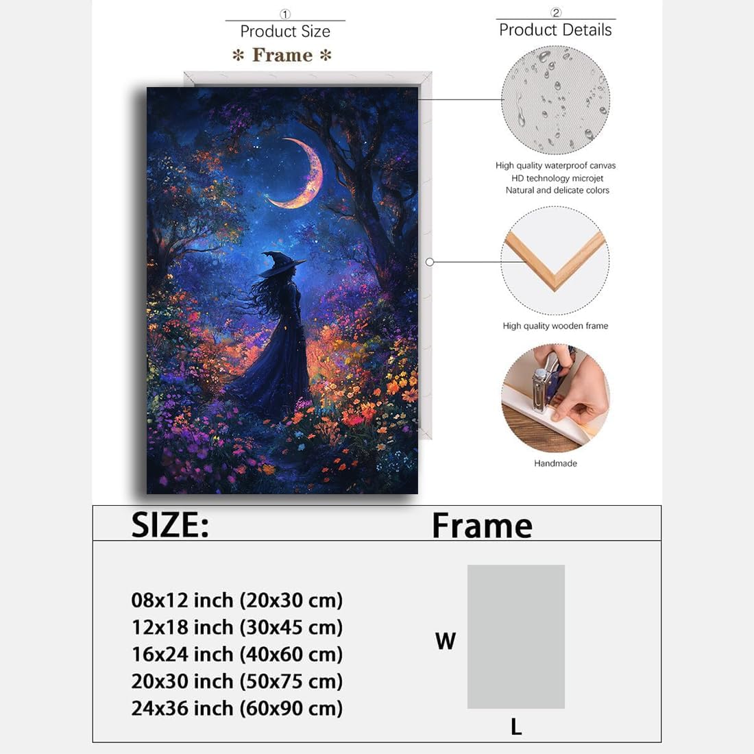 Vintage Halloween Witch Decor Mystic Gothic Wall Art Poster,Enchanting Witch Fall Whimsical Wildflowers Woodland Forest Crescent Moon Picture Art,Creepy Witchy Home Decor,8"x12" Framed