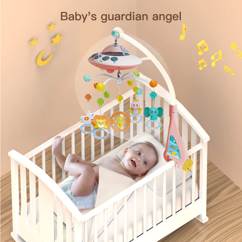 Eners Baby Crib Mobile with Music and Lights, Mobile for Crib with Remote Control, Rotation, Moon and Star Projection, Baby Crib Toys for Boys Girls (Pink)