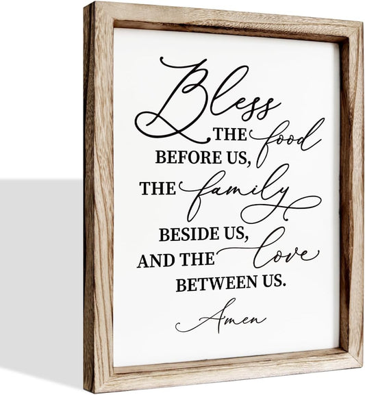 Christian Wooden Wall Sign, Dining Room Decors, Farmhouse Decor for Kitchen, Rustic Home Decor, Framed Wall Plaque Sign 15 * 11.5 inches, Bless the Food Before Us