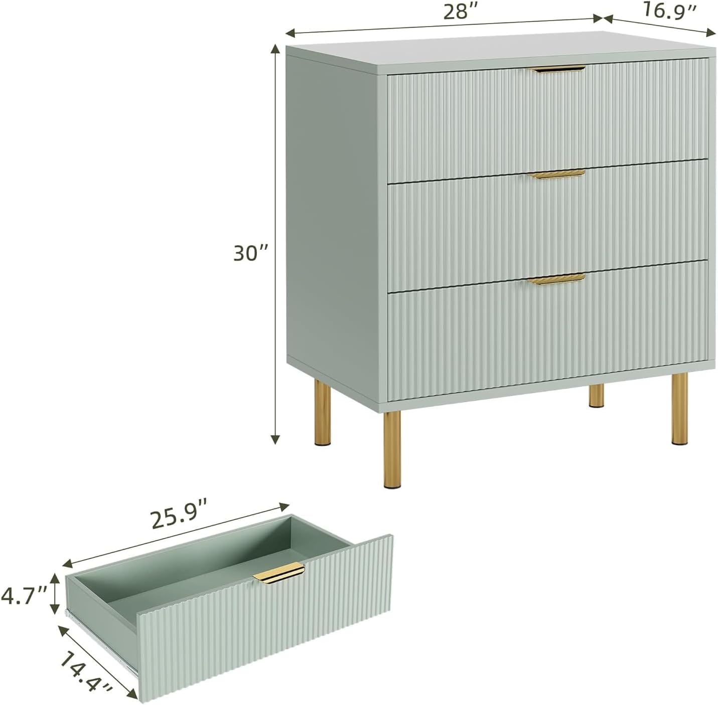 GAOMON 3 Drawer Dresser, Wood Chest of Drawers Organizer Storage with Gold Handle, Small Storage Cabinet, Modern Design Dresser for Bedroom, Living Room, Closet, Hallway, Entryway, Green