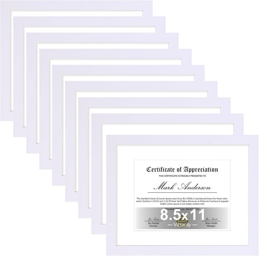 Vittanly 8.5x11 Picture Frames Set of 9, Shatter Resistant Plexiglass, Display 6x8 Pictures with Mat or 8.5x11 without Mat, Photo Frames for Wall or Tabletop, Engineered Wood, White