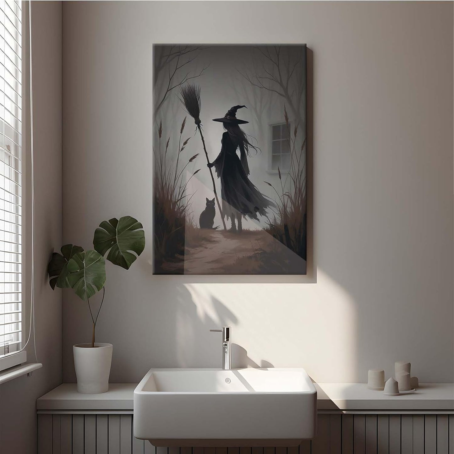 JFHCQJPK Vintage forest witch and black cat poster Halloween mural poster decoration mural art magic suitable for home living room bedroom12x16in Frameless