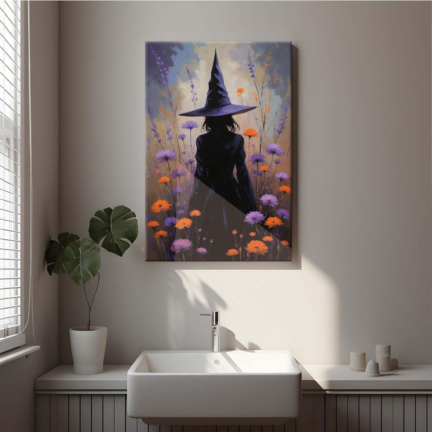 Country wildflower witch canvas print halloween mashup art witch purple decoration bohemian elegant art poster8x12in Wood Framed