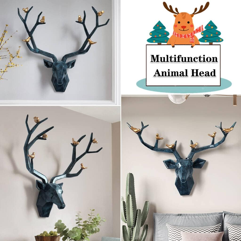 ZRAGEK Rustic Geometric Deer Head Wall Decor, Faux Taxidermy Animal Head Wall Art, Blue, 21.8x15.7IN
