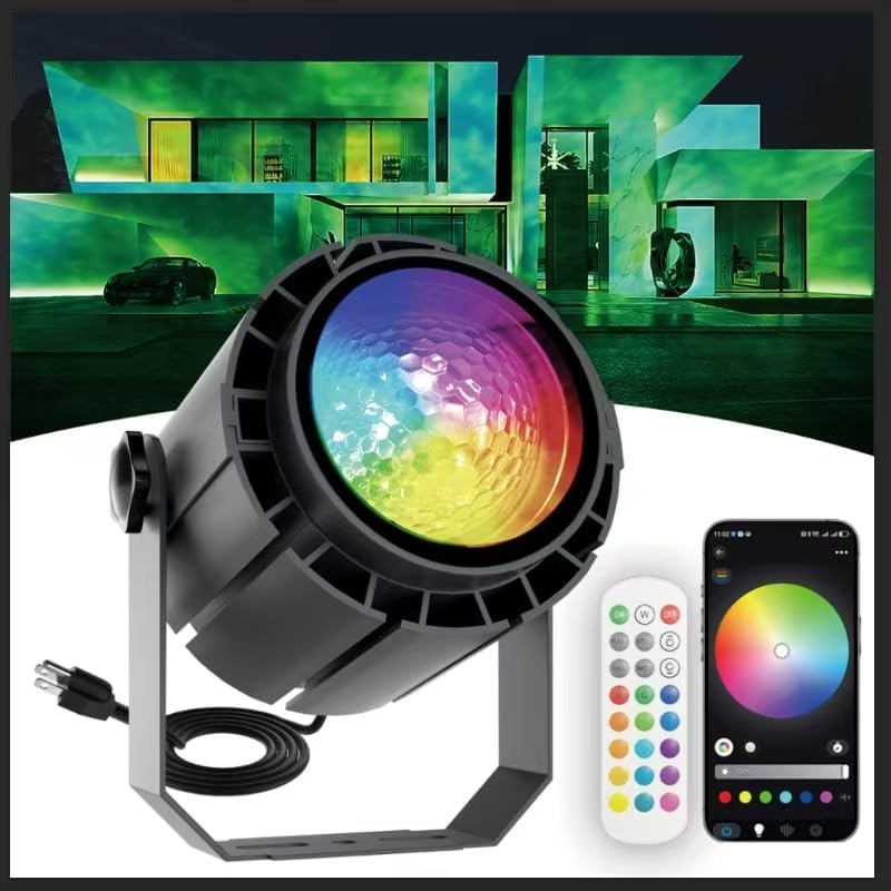 Water Wave Projector with APP & RF Control, IP65 Waterproof Smart Outdoor Lights, 1-100% Dimmable Color Changing, Music Sync & Flame Effect for Pool Party, Ocean Ripple Landscape Lighting