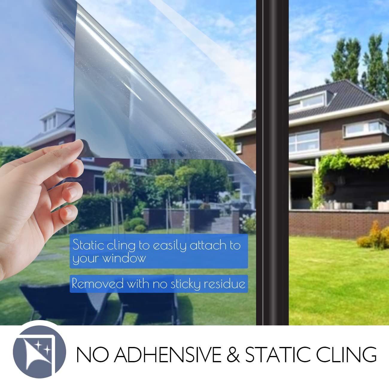 HIDBEA One Way Window Film Daytime Privacy Window Tint for Home, UV Blocking Reflective Heat Control Glass Films Non-Adhesive Mirror Window Clings (Blue-Silver, 23.6 Inch × 6.5 Feet)