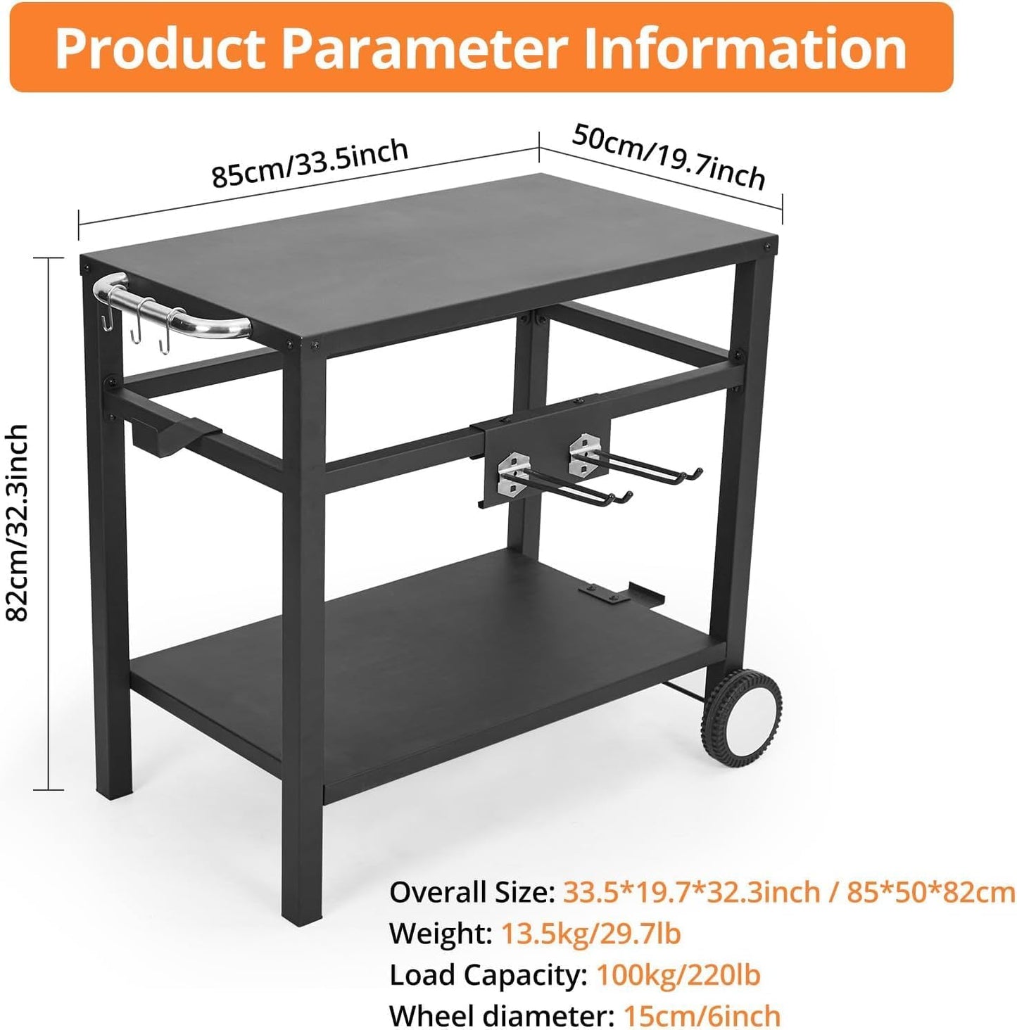 Bar Cart, Outdoor Grill Cart, Pizza Oven Stand, BBQ Prep Table with Wheels & Hooks, Side Handle, Double-Shelf Grilling Cart, Tabletop Griddle Cooking Station for Bar, Patio, Kitchen (Black)