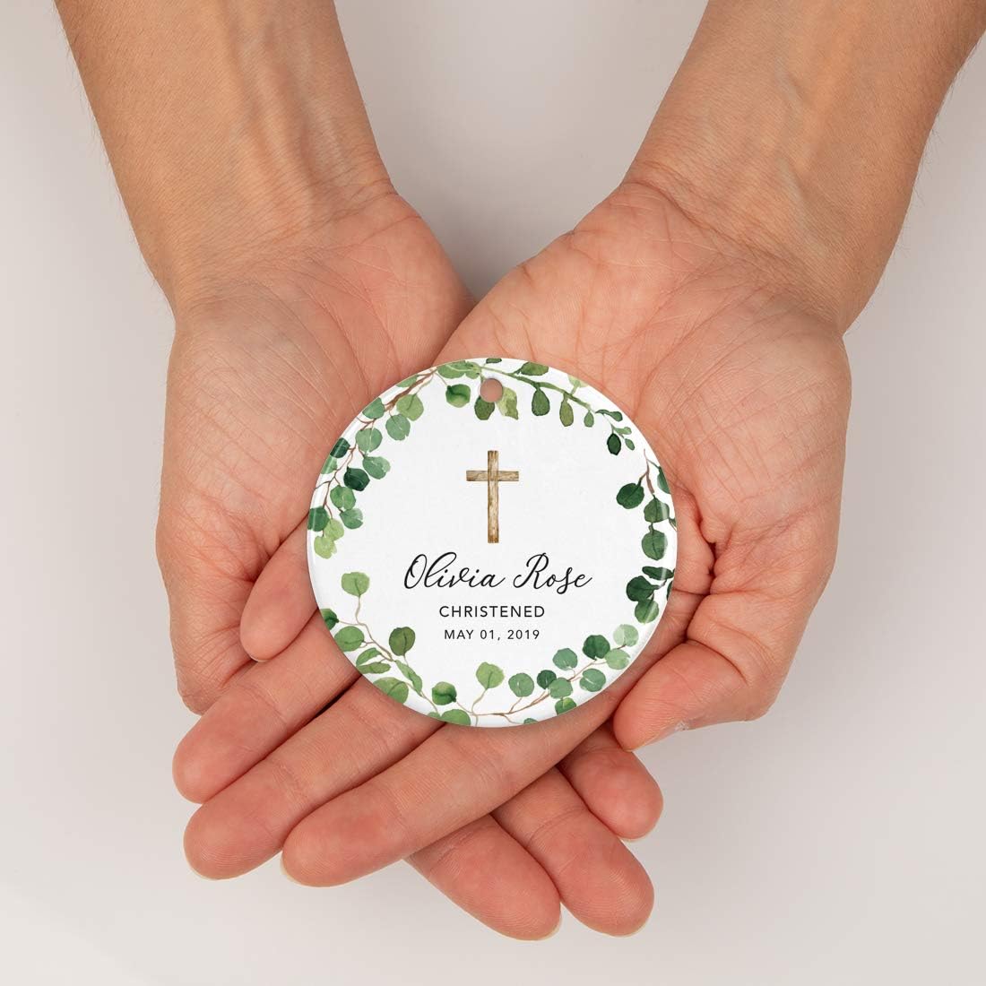 Andaz Press Personalized Round Ceramic Porcelain Christmas Ornament Gift, Olivia Rose Carter, Christened May 1, 2024, Farmhouse Eucalyptus Wreath, 1-PackCustom Christening Gift Ideas