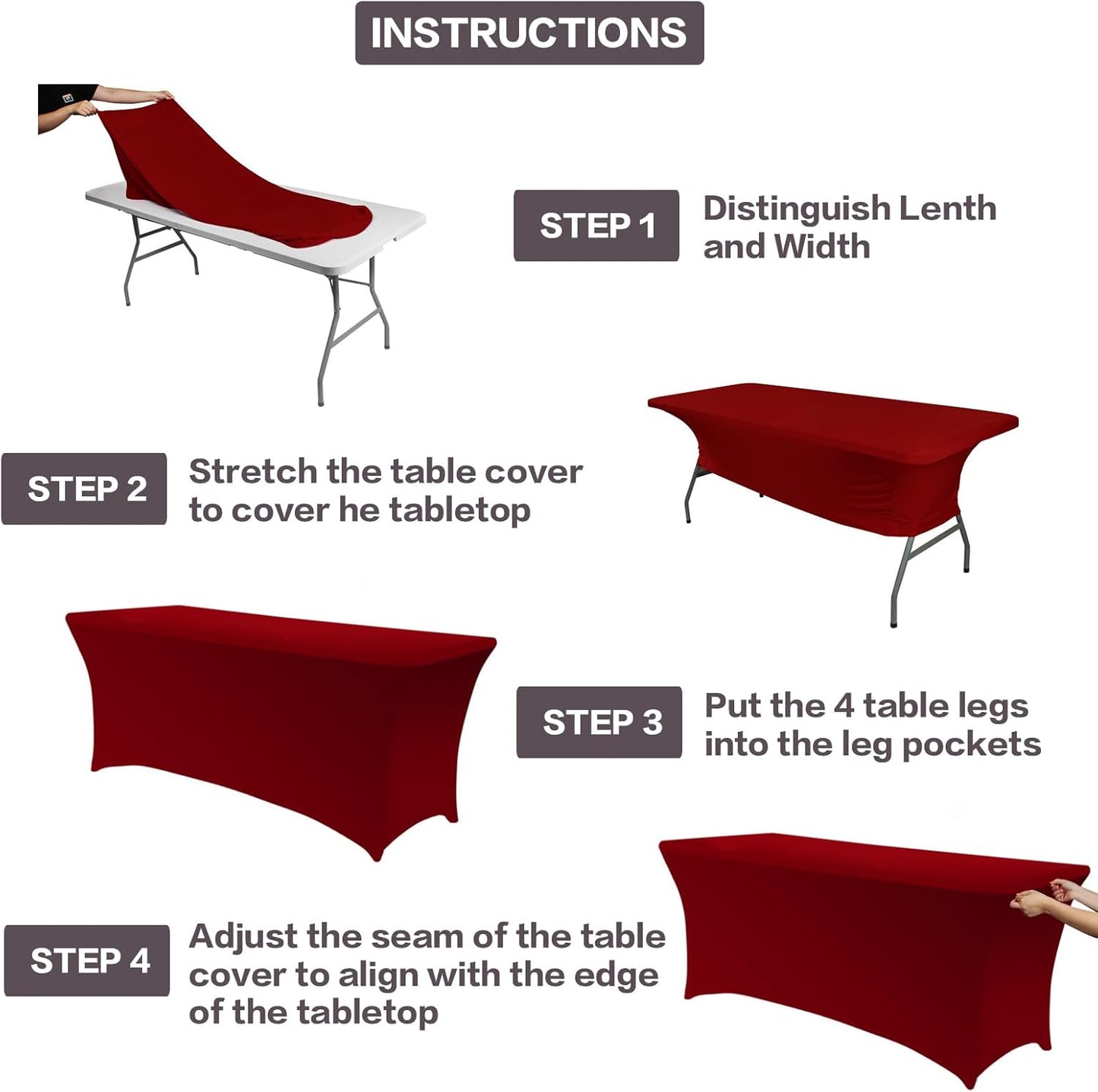 IVAPUPU 2 Pack 6FT Table Cloth for Rectangular Fitted Events Stretch Burgundy Table Covers Washable Spandex Tablecloth Protector for Party, Wedding, Cocktail, Banquet, Festival