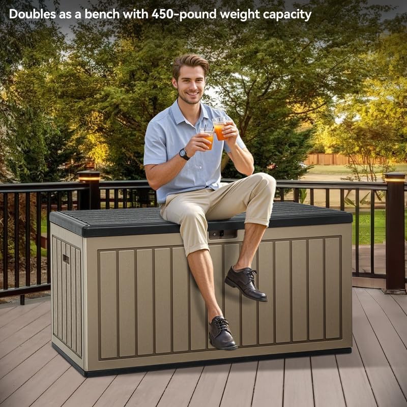 YITAHOME 90 Gallon Large Deck Box, Double-Wall Resin Outdoor Storage Boxes, Deck Storage for Patio Furniture, Cushions, Pool Float, Garden Tools, Lockable & Waterproof (Black&Brown)