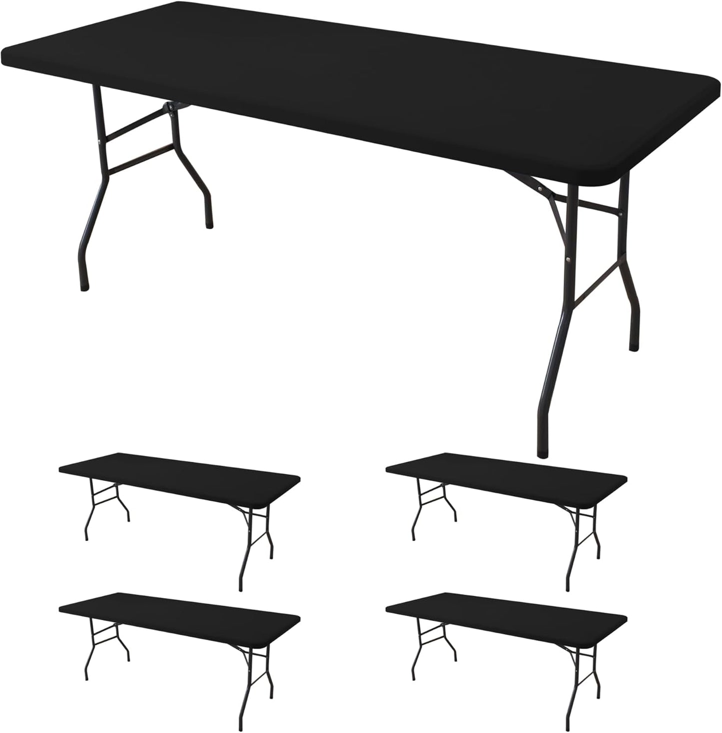 Fitted Tablecloth for 6 Foot Rectangle Tables-4 Pack Black Elastic Outdoor Picnic Table Cover-Spandex Stretch Folding Table Cloths 6 ft for Camping Dining Room Patio Kitchen Banquet Party
