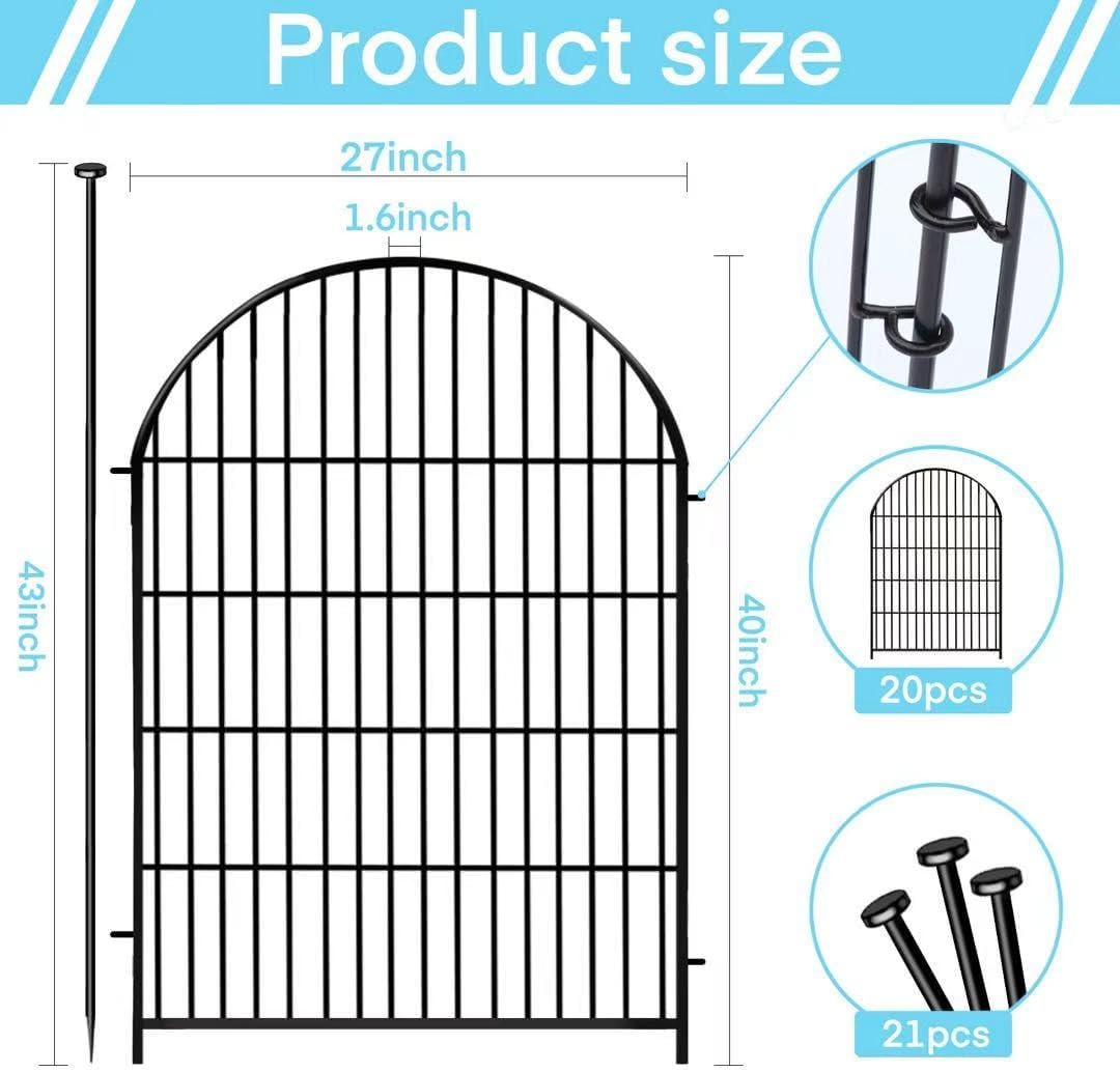 Tall Garden Fence with Gate, 40 in(H) x 45 Ft(L) Dog Fence Outdoor for Yard, 20 Panels Rustproof Metal Wire Animal Barrier Fences, Temporary Fencing for Dogs Rabbits, Arched