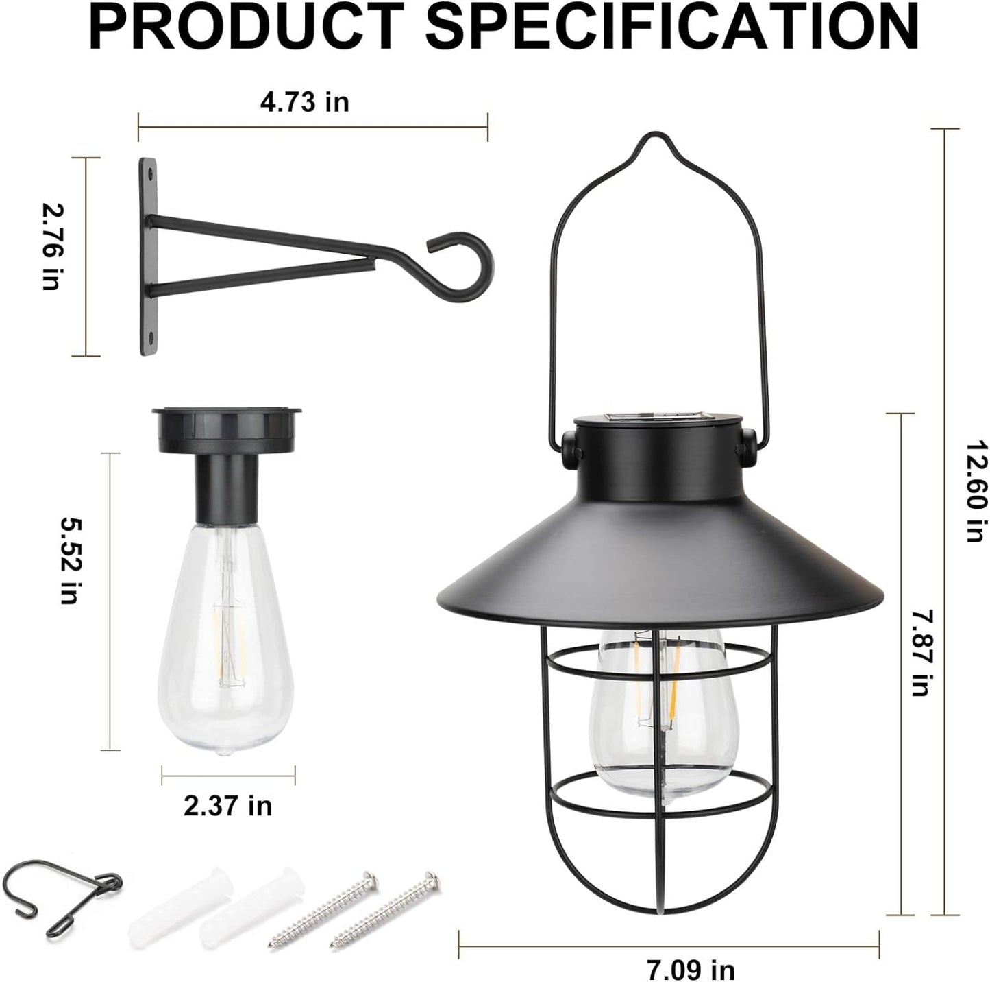 pearlstar Solar Lanterns Outdoor Metal Solar Powered Hanging Lights Waterproof for Wall Barn Yard Garden Patio Garage Balcony Porch Fence Decor, Warm White Edison Bulb (Black-2pack)