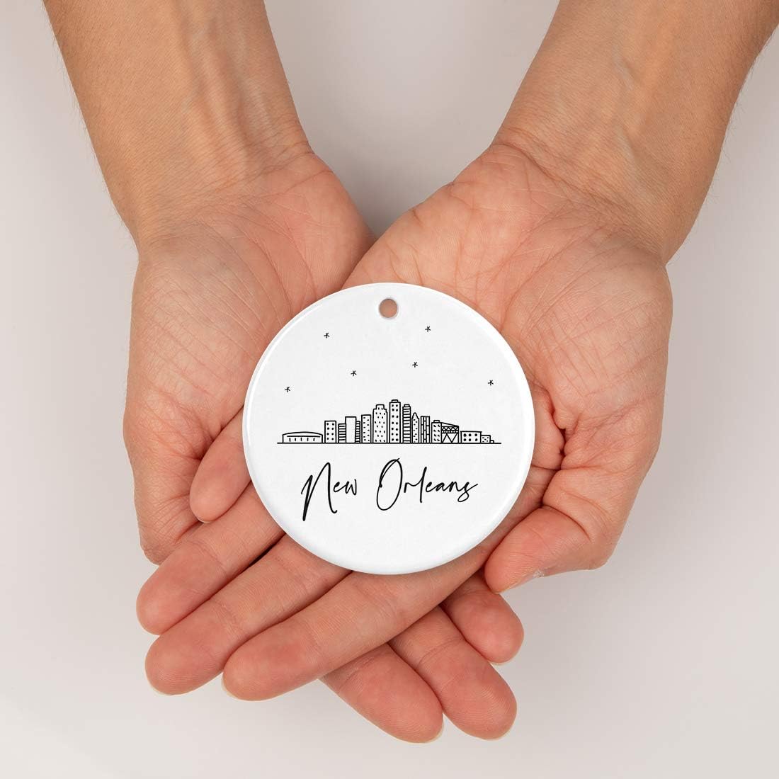 Andaz Press Round Ceramic Porcelain Christmas Tree Ornament Keepsake Gift, New Orleans, Black and White Stars City Skyline Graphic, 1-Pack, Birthday Ideas Family Coworker Him Her, Includes Gift Box