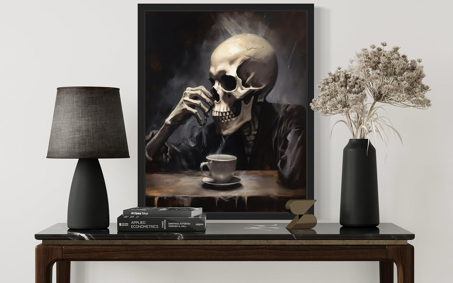 Skull Drinking Coffee Poster Art Print, Halloween Scary Vintage Wall Art Academia Spooky Painting Decoration for Horror Prints, Gothic Posters Bedroom Decor 89 (Skull Drinking Coffee, 16 x 20 inches, Unframed)