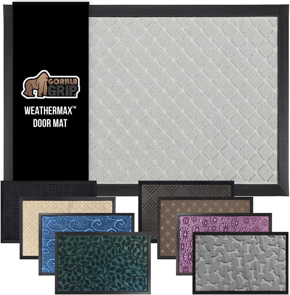 GORILLA GRIP 100% Waterproof All-Season WeatherMax Doormat US Designed Natural Rubber, Stain and Fade Resistant, Low Profile Indoor Outdoor Door Mats, Easy Clean Patio Mat, 23x35, Light Gray