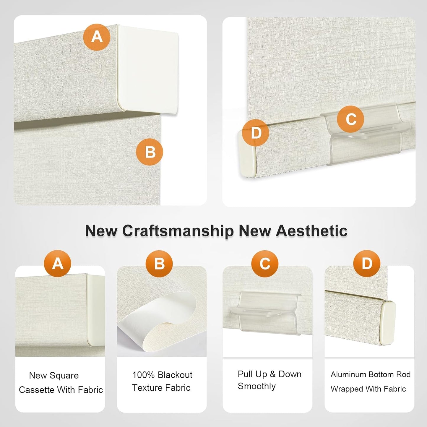 Persilux Blackout Shades for Windows Cordless Roller Blinds, Roller Windows Shades for Home with Fabric Attached Valance, UV Protections Easy Installation for Door/Office, Limestone(87.5" W x 72" H)