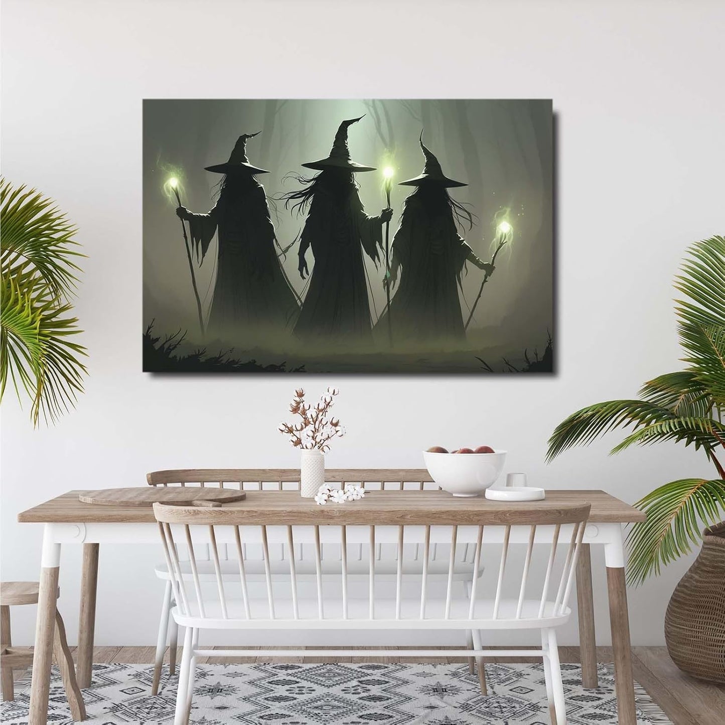 Vintage 3 witches canvas wall decor melancholy dark Halloween poster wall decor holding a staff print Gothic horror Halloween painting print for living room bedroom8x12in Wood Framed