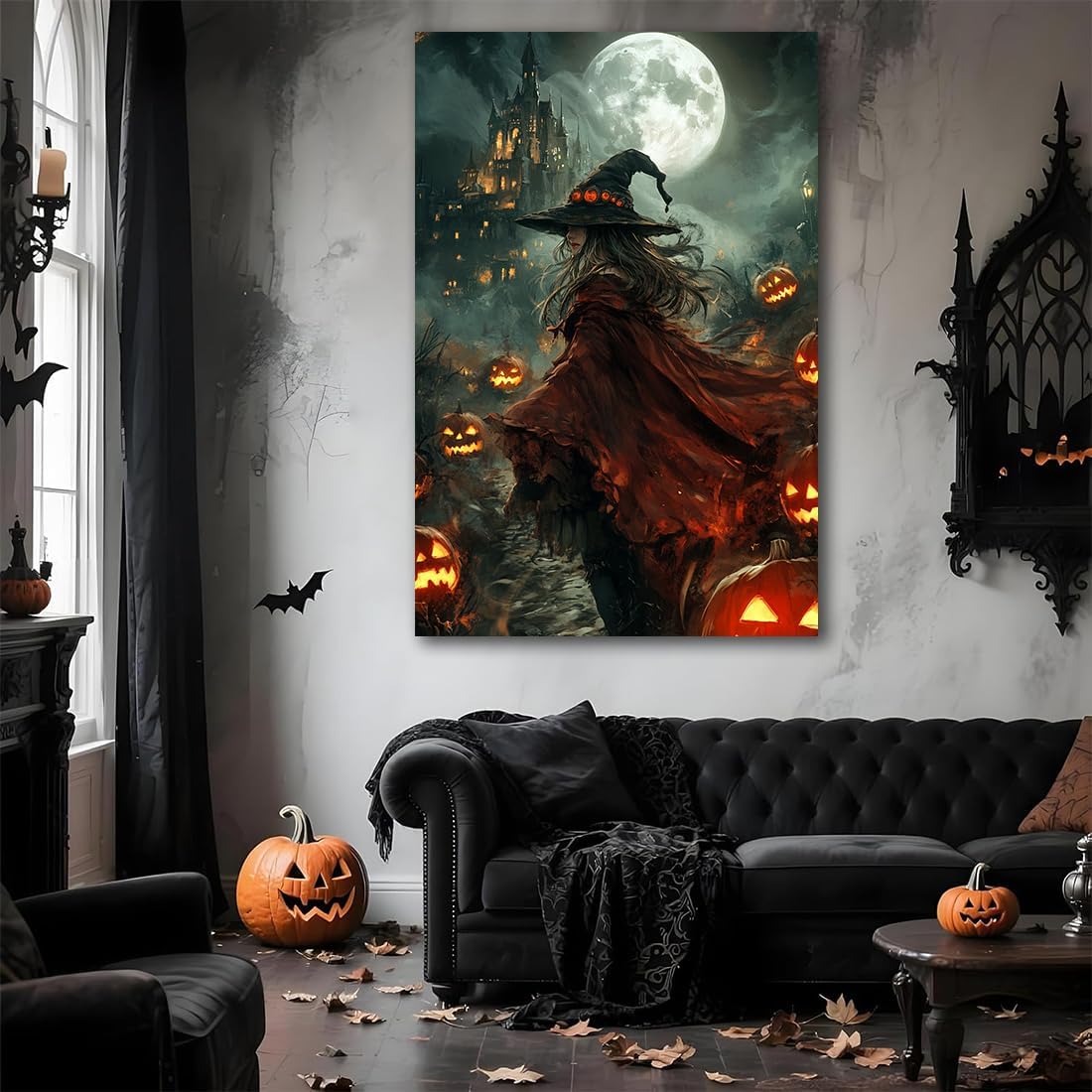 Dark and Moody Gothic Witch Poster Wall Art,Vintage Rustic Witch in Cloak with Castle Pumpkin Road Dark Gothic Poster,Goth Spooky Season Halloween Prints for Fantasy Office,20"x30" Framed