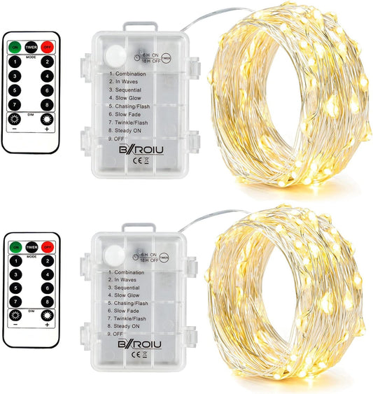 2 x Fairy Lights Battery Operated,Silver Wire Chains 8 Mode 16Ft/5Meter 50 LEDs Timer String Lights with Remote Control for Bedroom Christmas Party Wedding Decoration(Warm White)