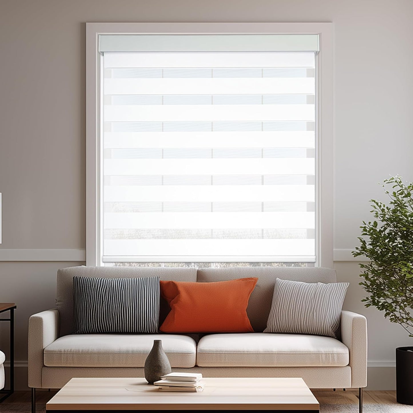 HESTIA Cordless Zebra Blinds Light Filtering Roller Shades Blackout Indoor Window Blind for Home Office,White,46" W x 54" H