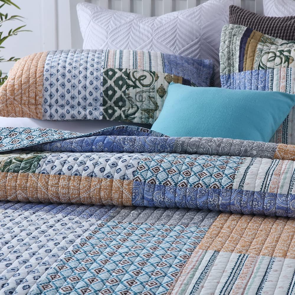Autumn Dream Cotton Bedspread Quilt Sets Reversible Bedding Coverlet Sets Comforter, Vintage Floral Patchwork Red Blue Bedspread, King Size (Blue Bohemian Patchwork, Queen (90 by98 Inch))