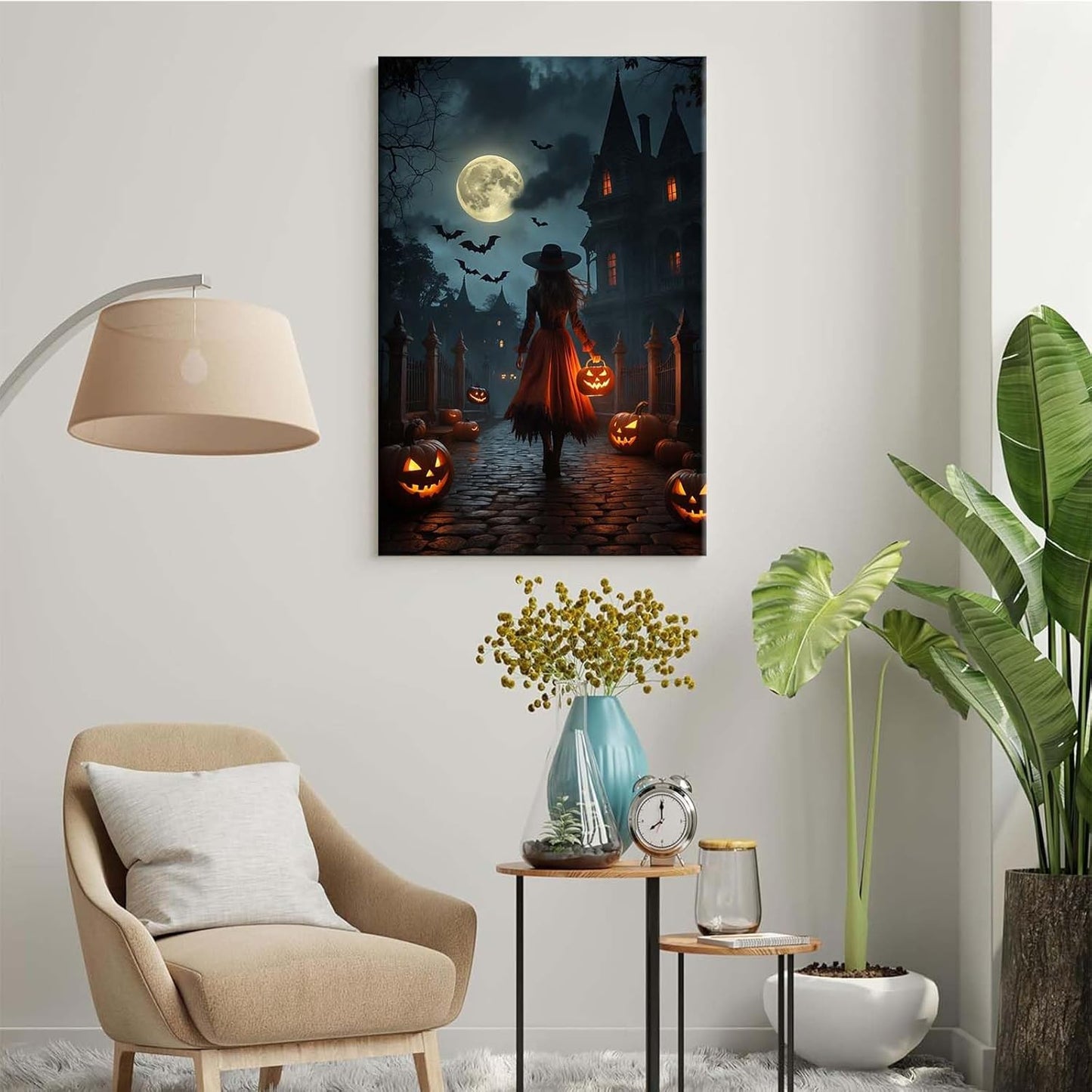 Halloween theme poster moonlit autumn night witch vintage poster art print dark college style gothic painting canvas wall decoration bedroom living room ideal gift8x12in Wood Framed