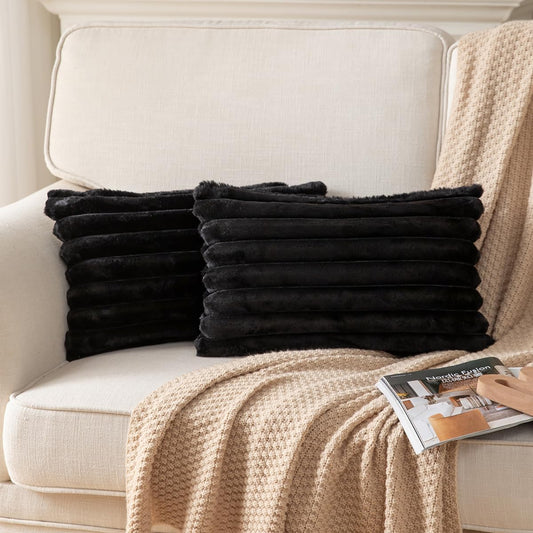 DEELAND Pack of 2,Double-Sided Faux Fur Plush Decorative Throw Pillow Covers Fuzzy Striped Soft Pillowcase Cushion Covers for Sofa Couch Bedroom Black 12x20 inch