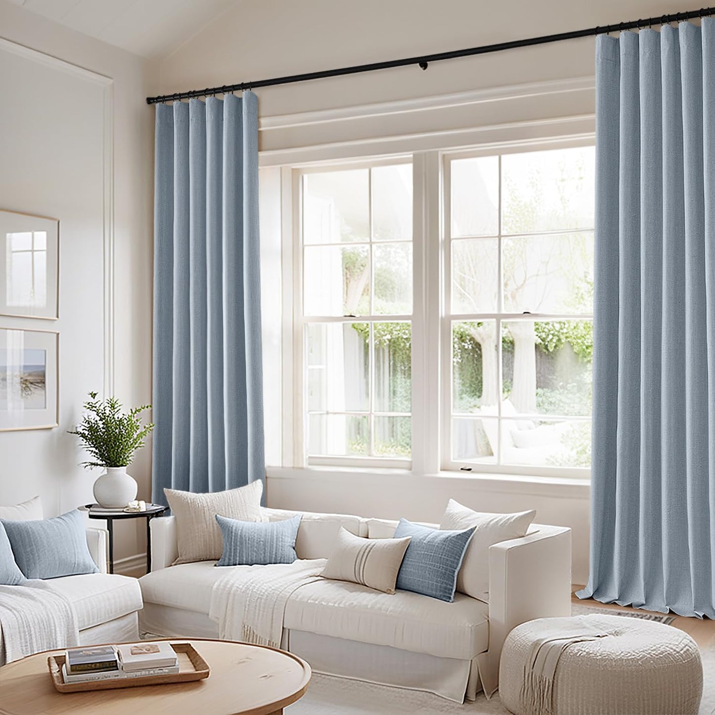 MIULEE 100% Blackout Curtains 90 Inch Long 2 Panels Set for Bedroom, Thick Faux Linen Black Out Curtain Room Darkening Back Tab Pleat Window Textured Drapes with Hooks for Living Room, Chambray Blue