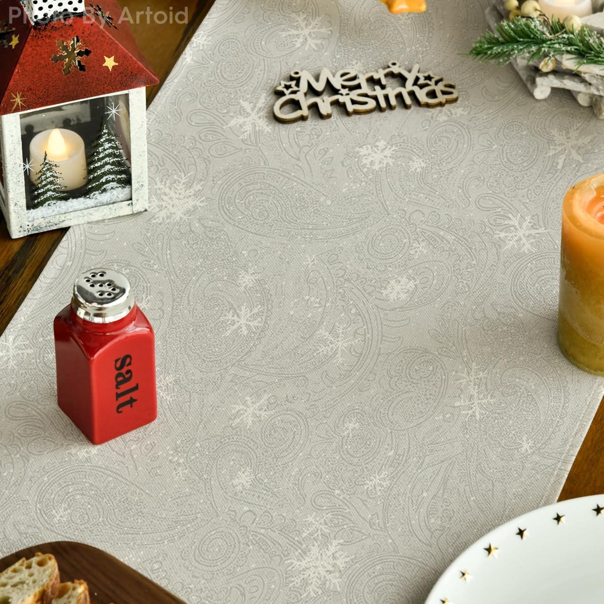 Artoid Mode Snowman Birds Trees Christmas Table Runner, Seasonal Silver Winter Holiday Kitchen Dining Table Decoration for Home Party Decor 13 x 48 Inch