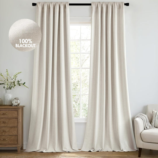 MIULEE 100% Blackout Curtains 108 Inch Long 2 Panels Set for Bedroom, Thick Luxury Faux Linen Black Out Curtain Room Darkening Back Tab Pleat Window Textured Drapes with Hooks for Living Room, Birch