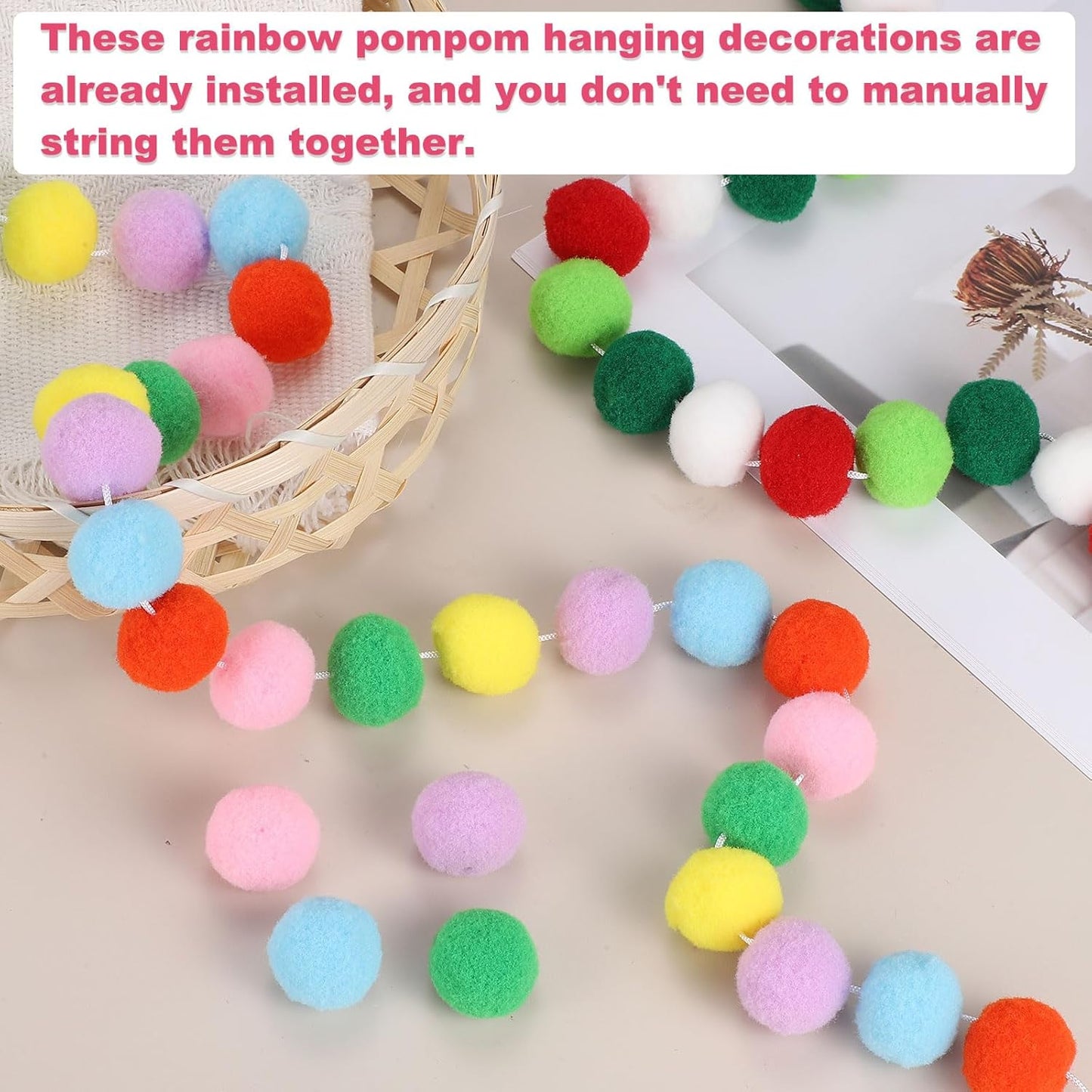 PATIKIL 13Ft Pom Pom Garland Decorations, 2Pcs Colorful Felt Ball Garland Banner Cute Rainbow Pompom Hanging Decorations for Tree Ornaments Decor, Pink/Green/Yellow/Purple/Blue/Orange