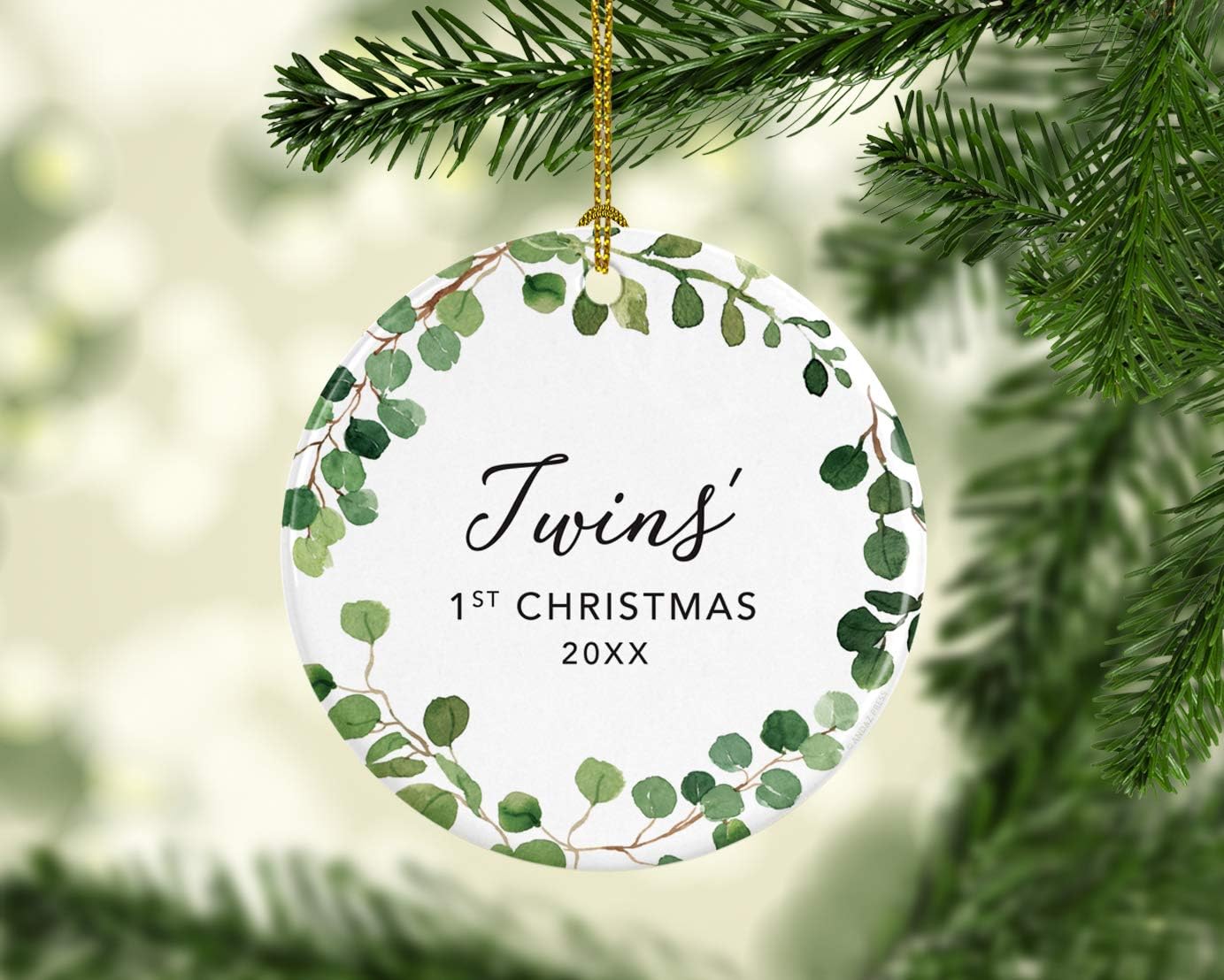 Andaz Press Custom Year Round Ceramic Porcelain Christmas Tree Ornament Keepsake Collectible Gift, Twins' 1st Christmas 2024, Farmhouse Eucalyptus Wreath, 1-PackTwin