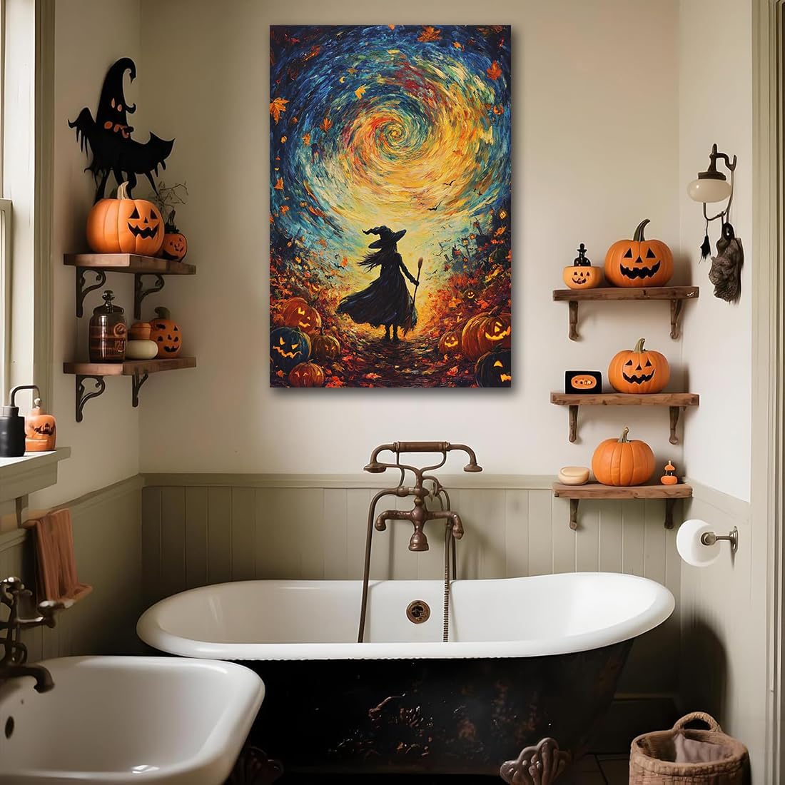 Halloween Autumn Witchy Decor Wall Art Prints,Gothic Witch in Whirlwind Autumn with Pumpkins Scene Pictures Poster,Fall Festival Home Decor Painting Canvas Poster for Bedroom Bathroom,20"x30" Unframed