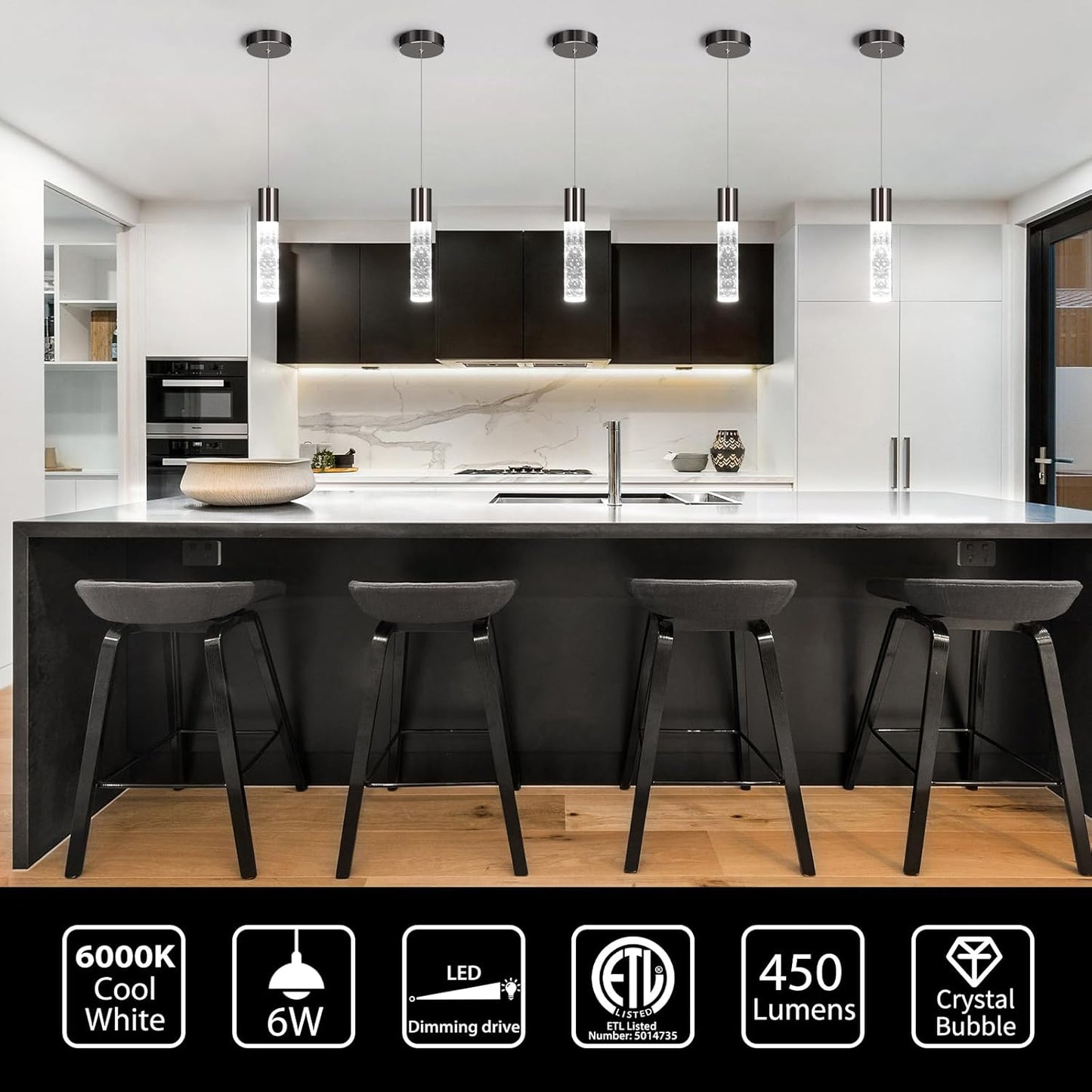 OKELI Modern Pendant Light,LED Bubble Crystal Kitchen Island Lights Fixtures,Black Mini Single Pendant Lighting for Kitchen Island Bar,6W,6000K,ETL,1Pack