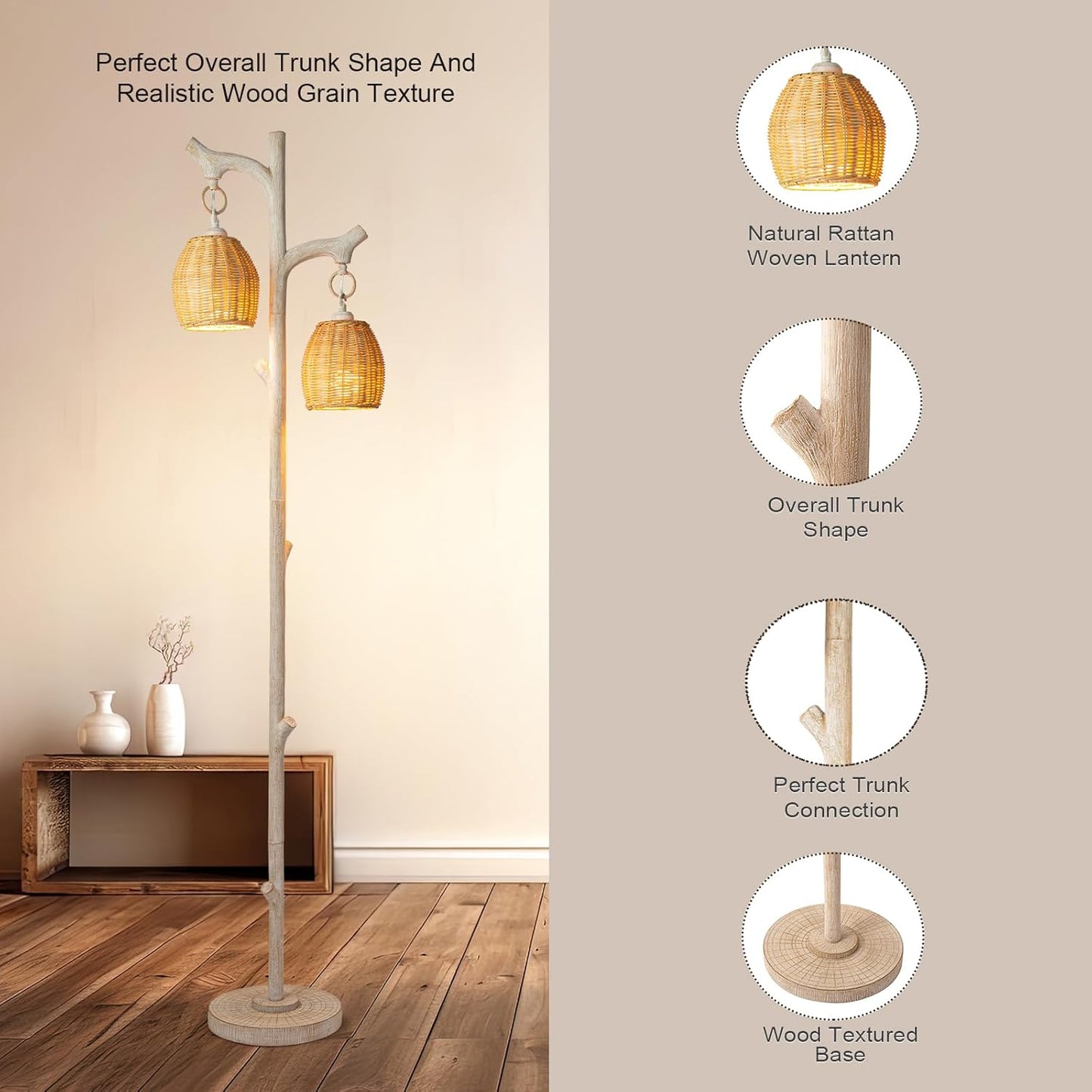 68" High Farmhouse Rustic Country Cottage Floor Lamp Tree Trunk Faux Wood Column White Washed Wicker Drum Shade Decor for Living Room Bedroom Reading Room