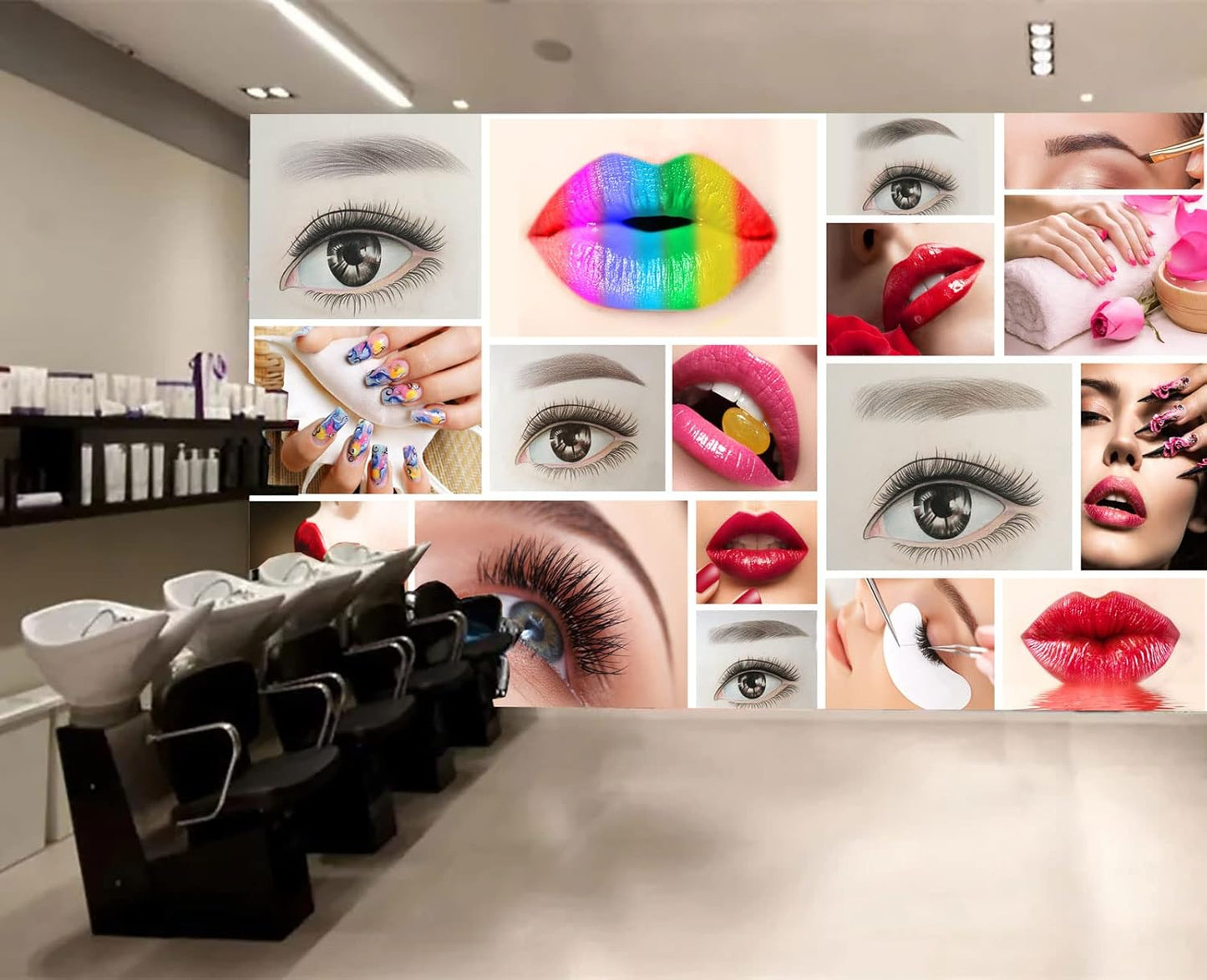 Beauty Salon Nail Enhancement Lipstick Eyelashes Wall Mural Wallpaper 178" x 117"