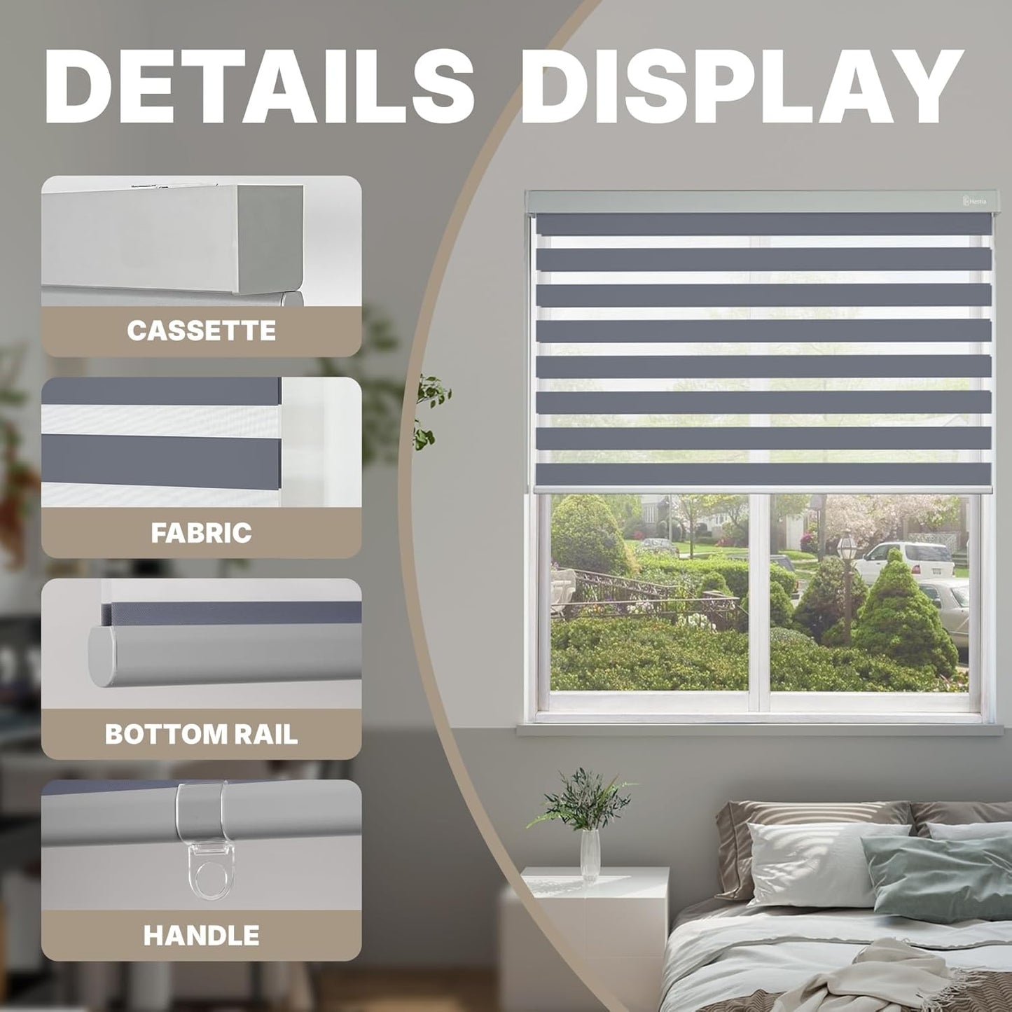 HESTIA Cordless Zebra Blinds Light Filtering Roller Shades UV Blocking Blackout Privacy Indoor Window Blind for Home Office Day and Night, Blue Grey,45" W x 60" H